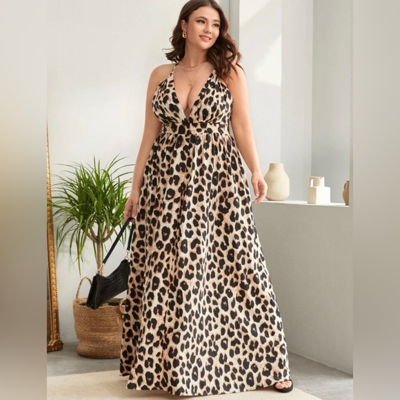SHEIN Dresses & Skirts - SHEIN Clasi Plus Leopard Plunging Neck Crisscross Backless Maxi Cami Dress